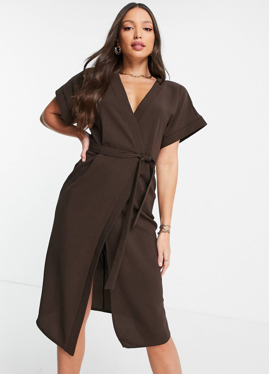 Коричневое кэжуал платье на запах Asos однотонное