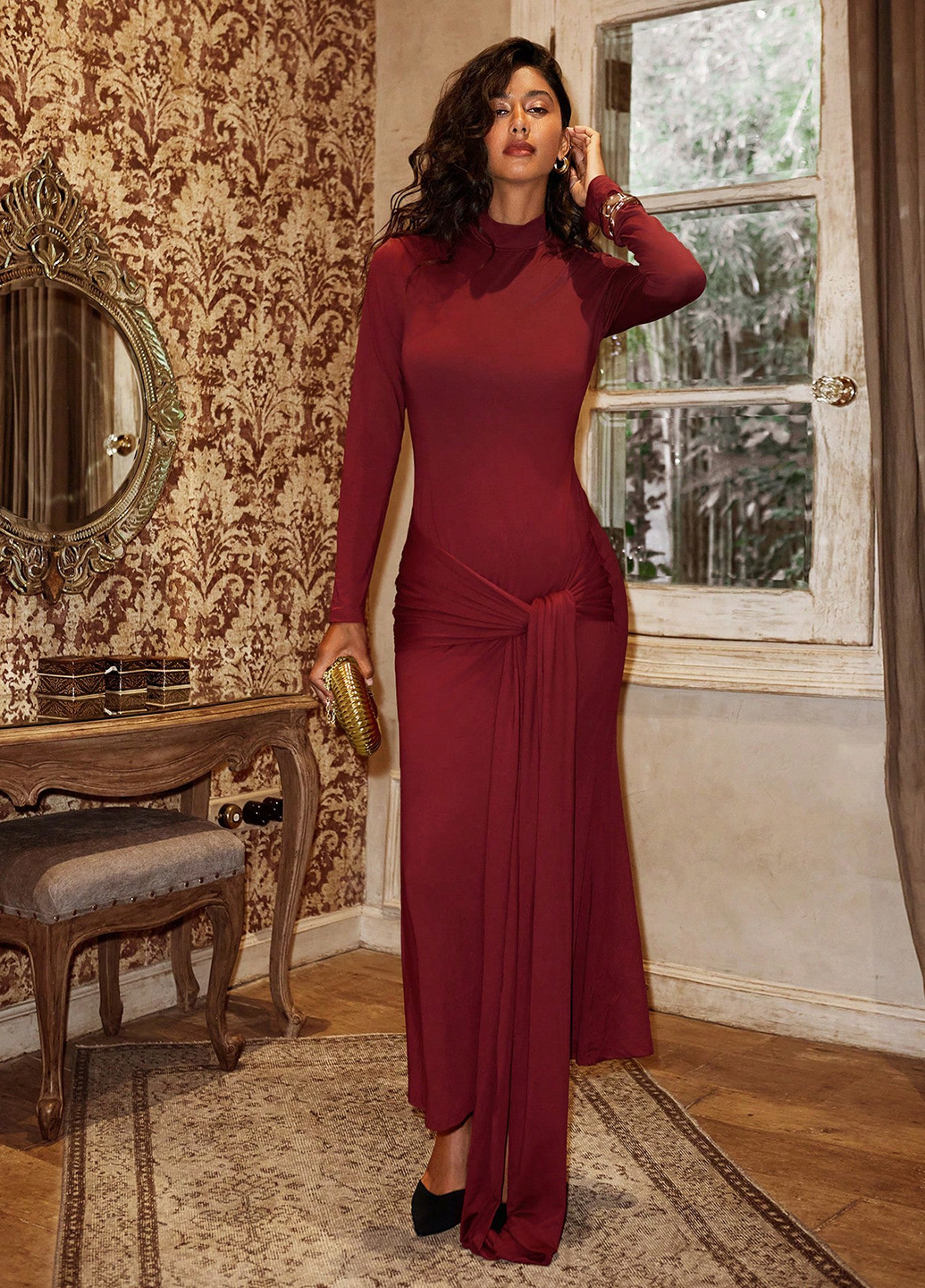 Бордовое кэжуал, вечернее платье годе SHEIN однотонное