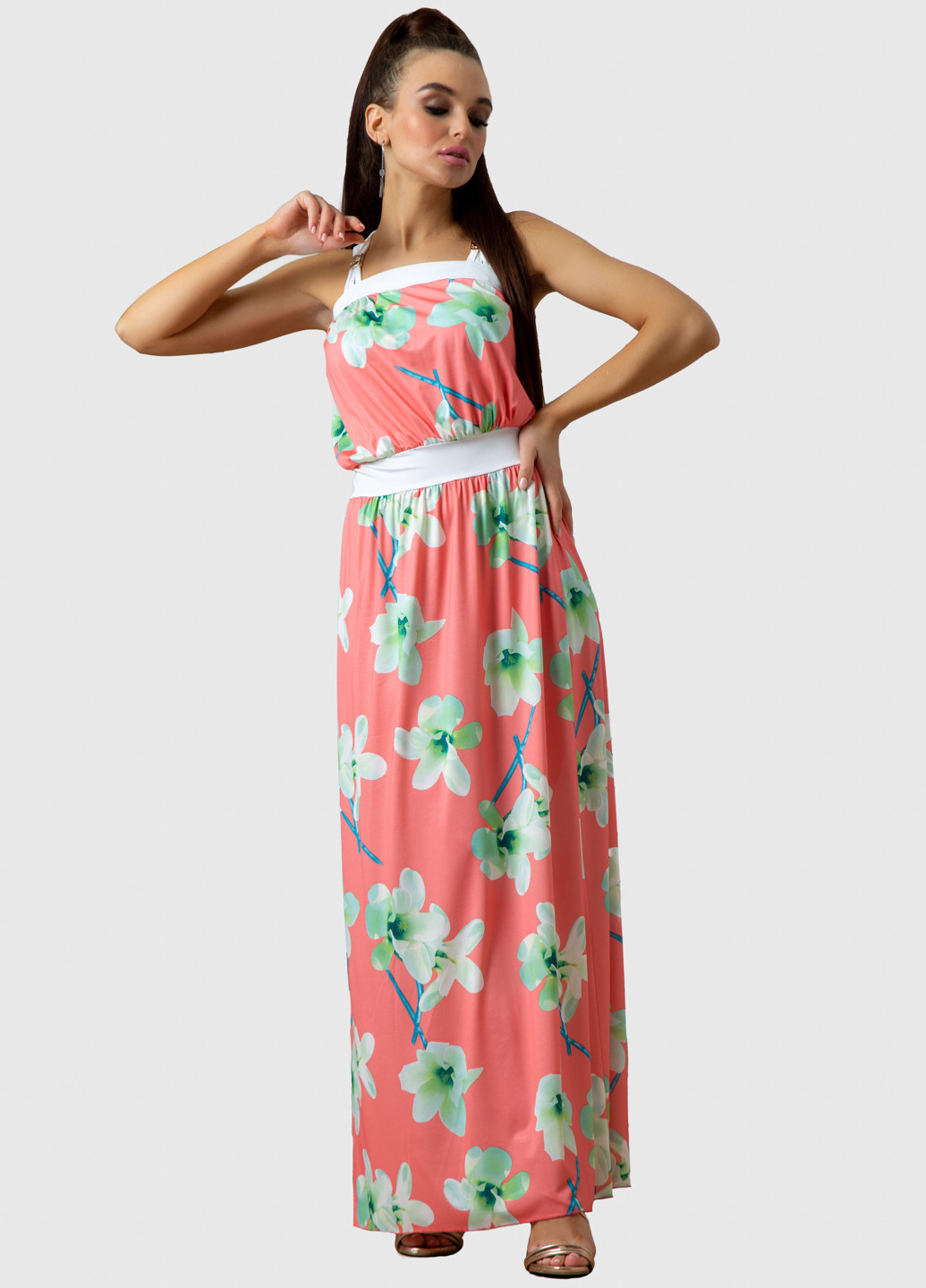Коралловое кэжуал платье клеш ST-Seventeen с цветочным принтом