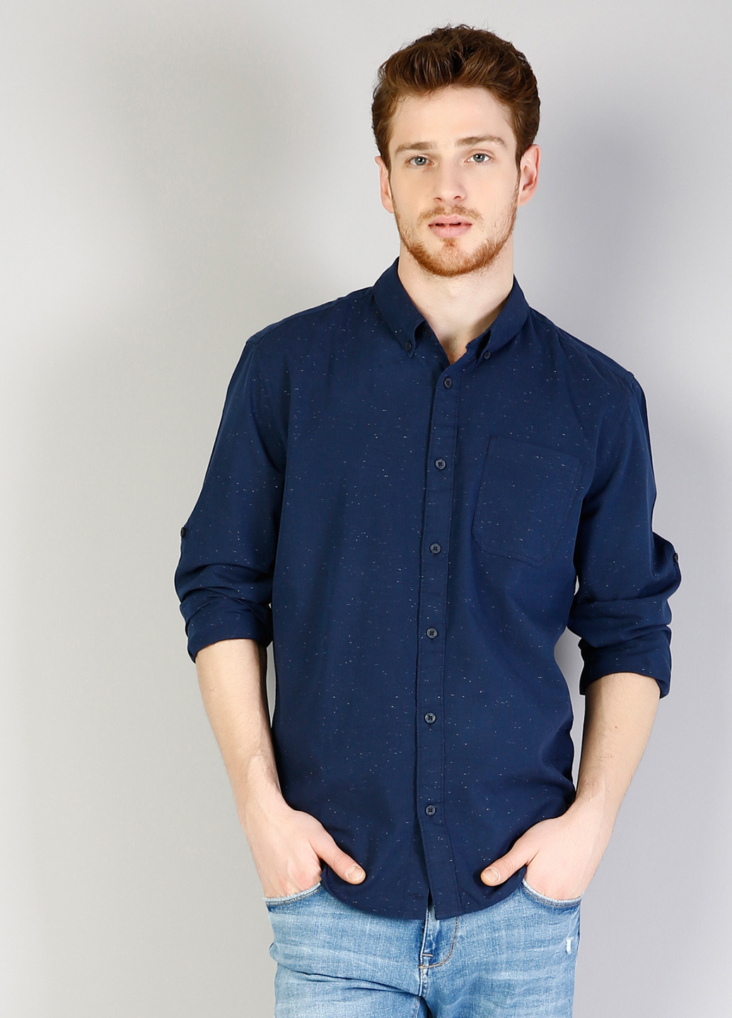 Темно-синяя кэжуал рубашка однотонная Colin's с длинным рукавом