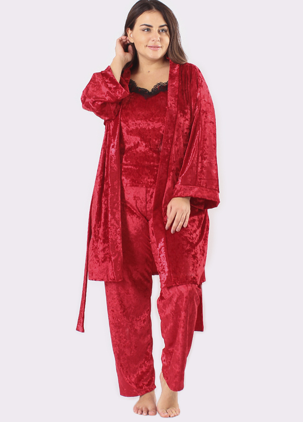 Алый демисезонный комплект (халат, топ, брюки) Ghazel