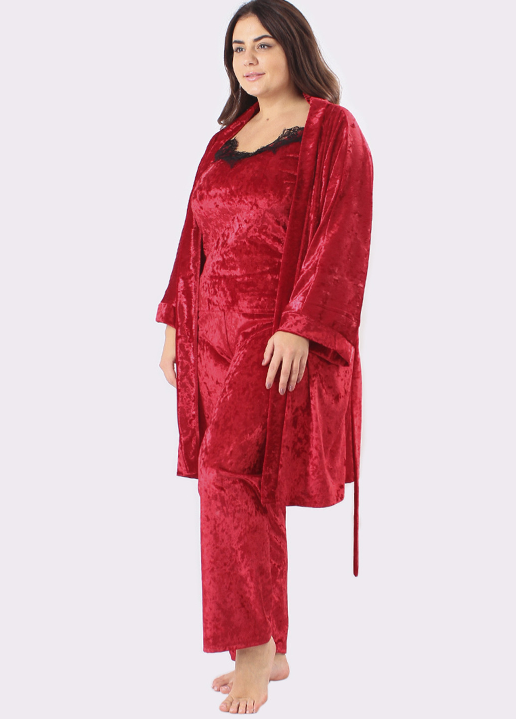 Алый демисезонный комплект (халат, топ, брюки) Ghazel