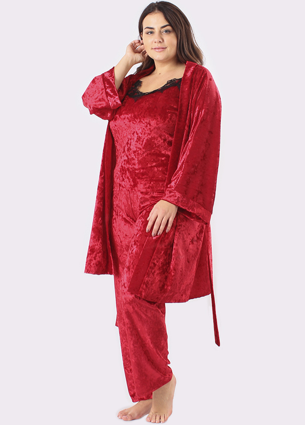 Алый демисезонный комплект (халат, топ, брюки) Ghazel