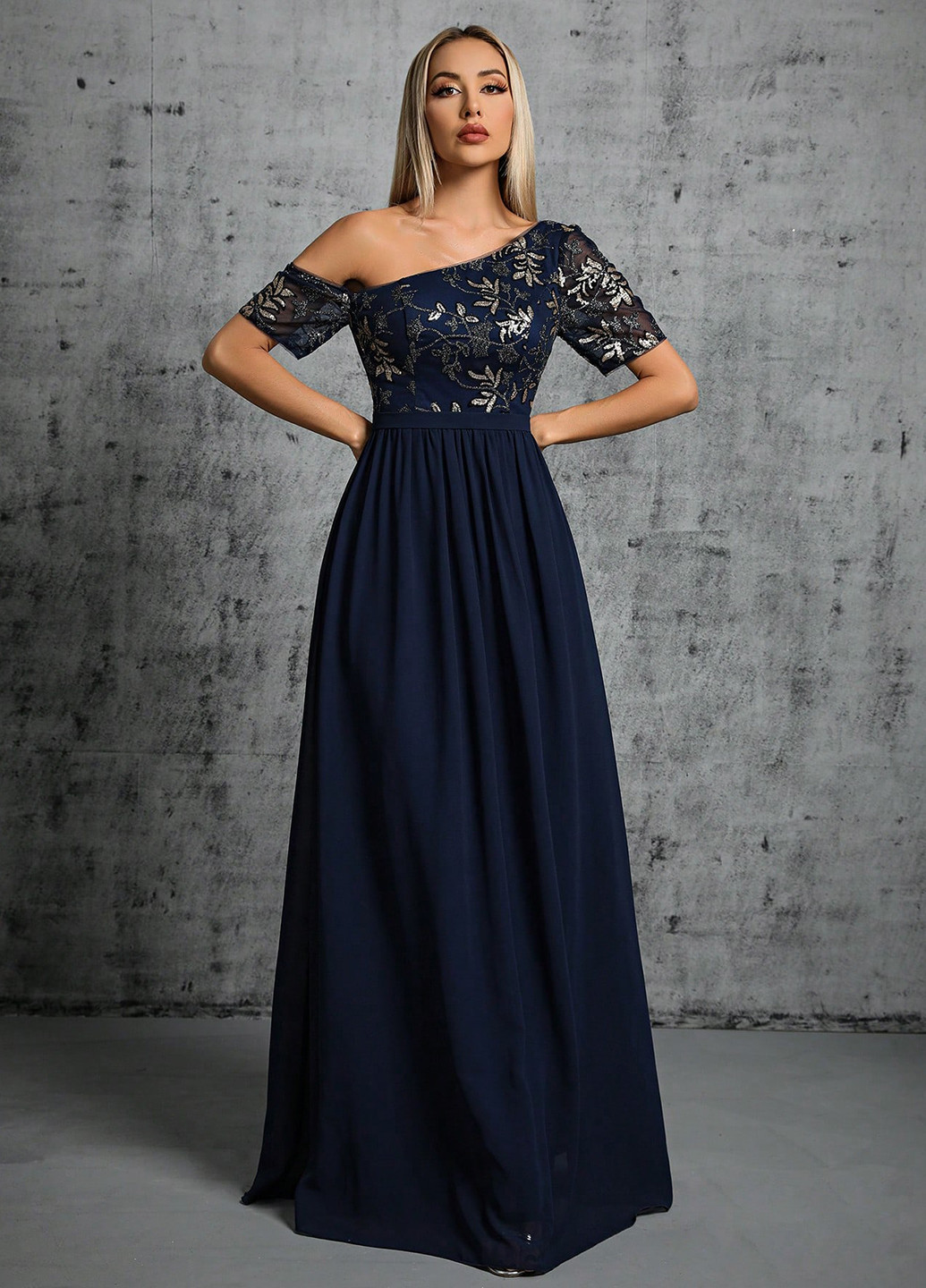 Темно-синя святковий, вечірня сукня на одне плече SHEIN з квітковим принтом