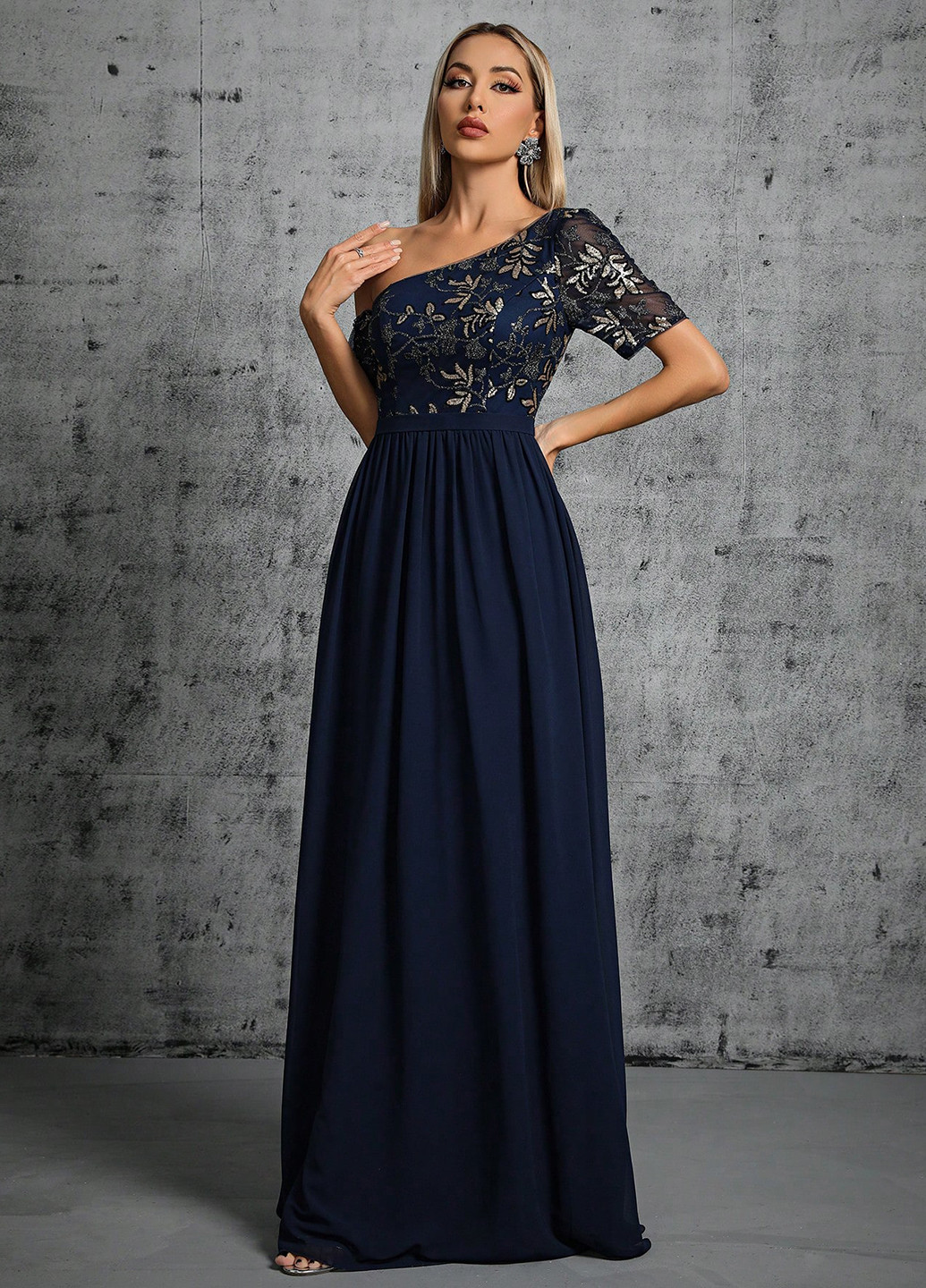 Темно-синя святковий, вечірня сукня на одне плече SHEIN з квітковим принтом