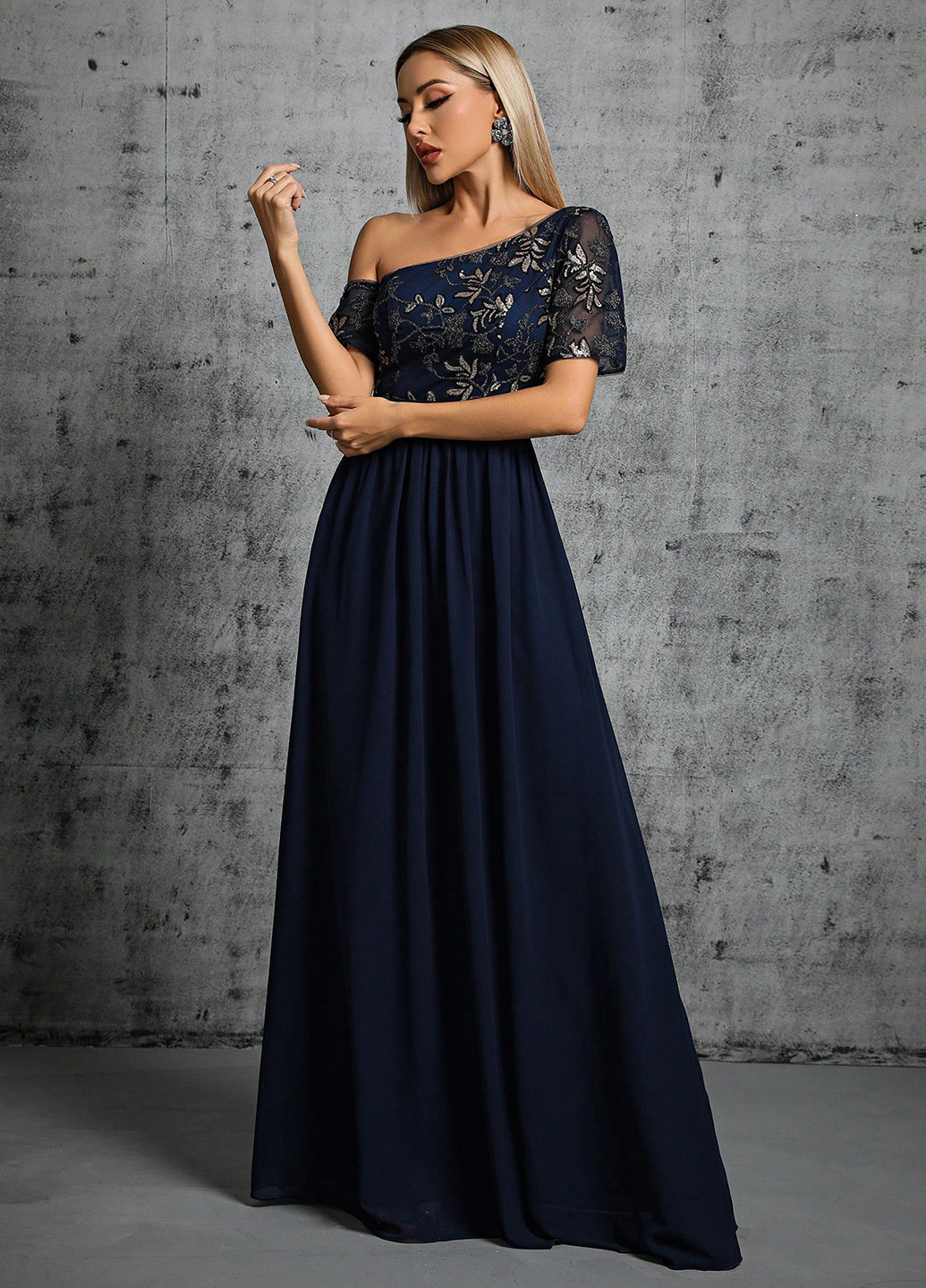 Темно-синя святковий, вечірня сукня на одне плече SHEIN з квітковим принтом