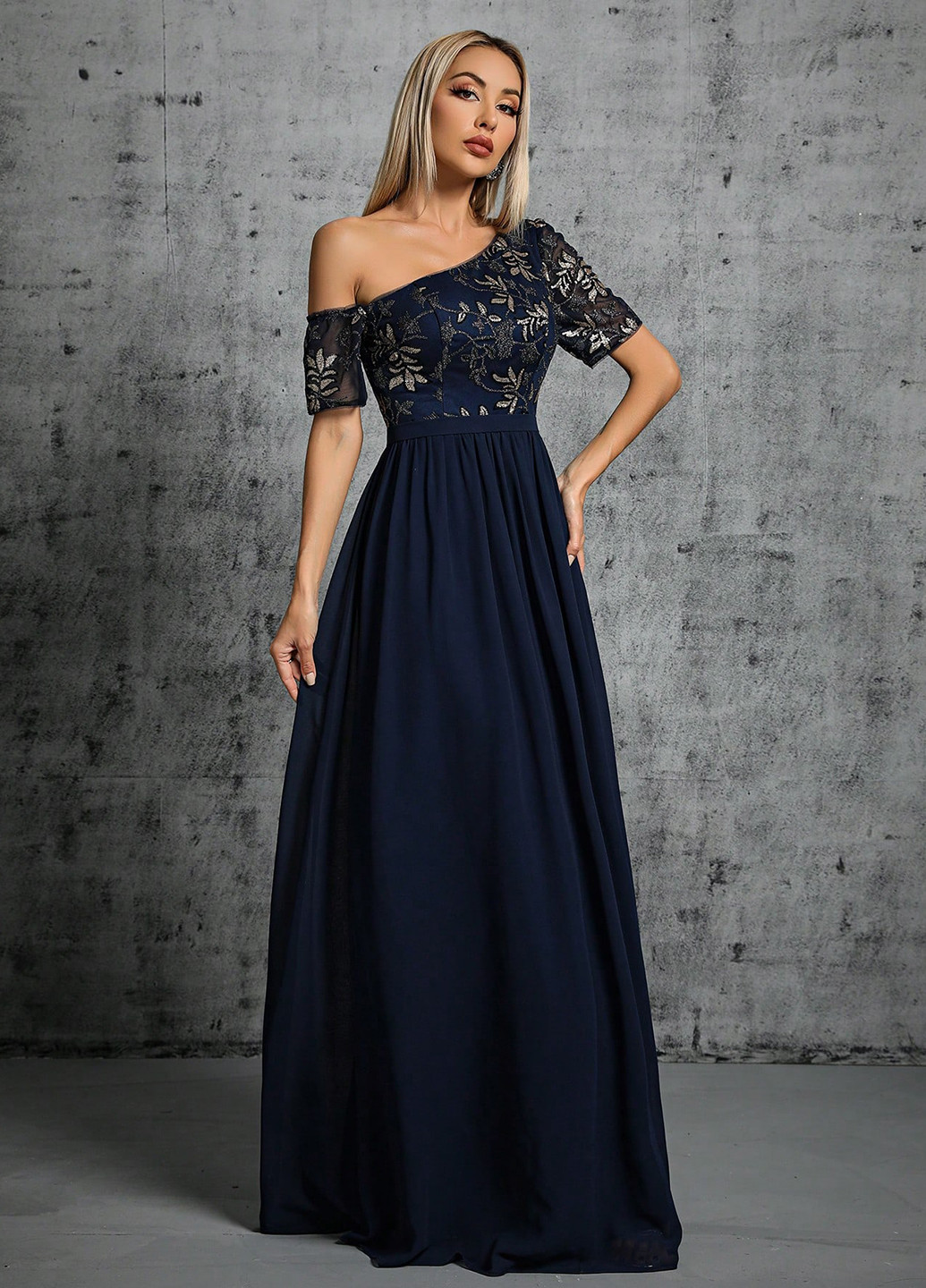 Темно-синя святковий, вечірня сукня на одне плече SHEIN з квітковим принтом