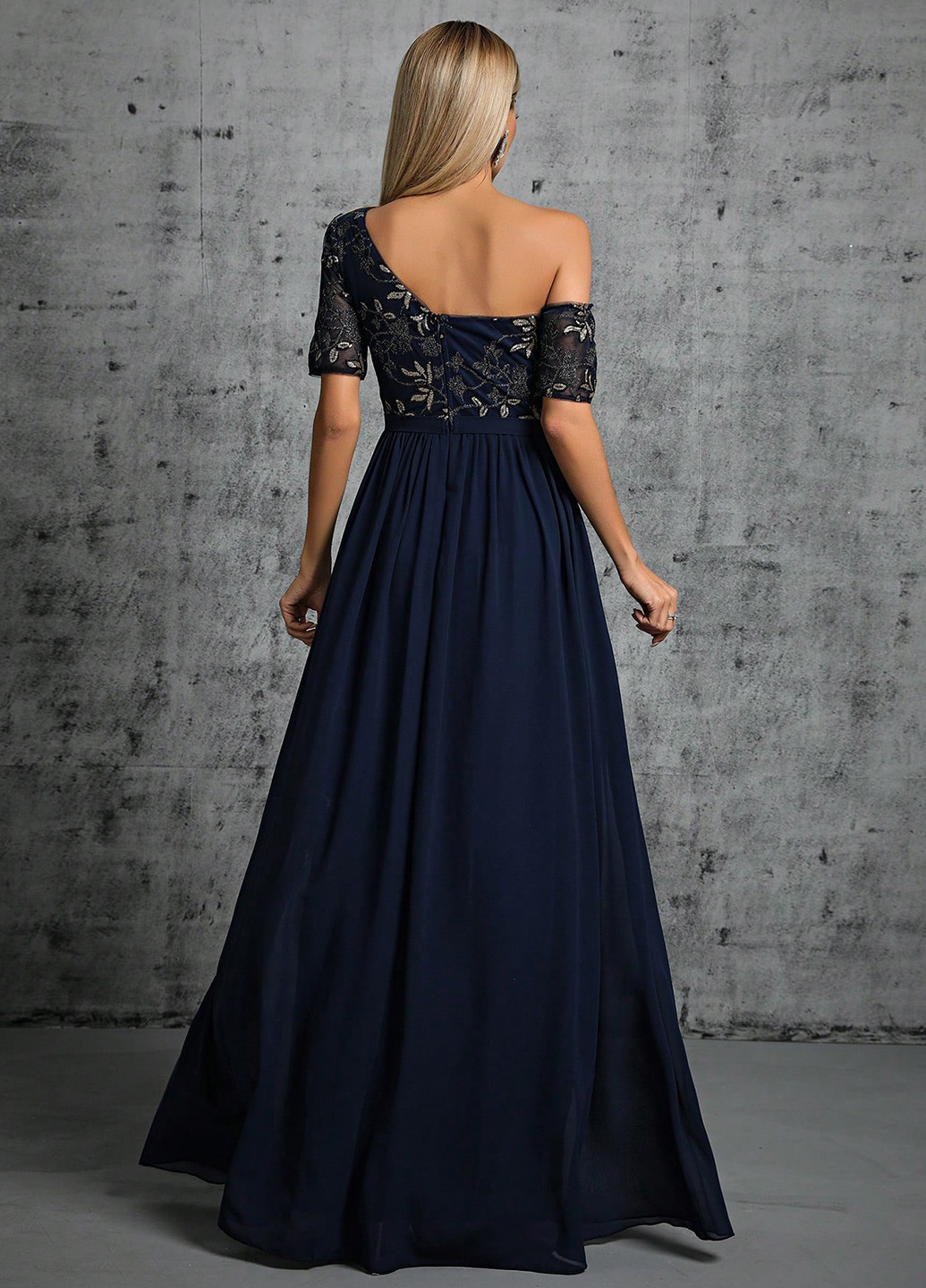 Темно-синя святковий, вечірня сукня на одне плече SHEIN з квітковим принтом