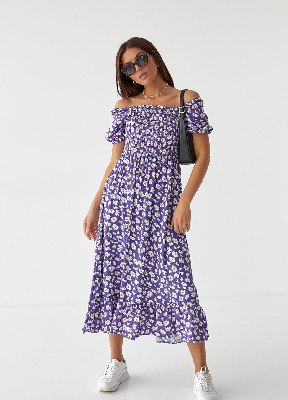 Фиолетовое кэжуал длинное платье с эластичной талией и воланом No Brand с цветочным принтом