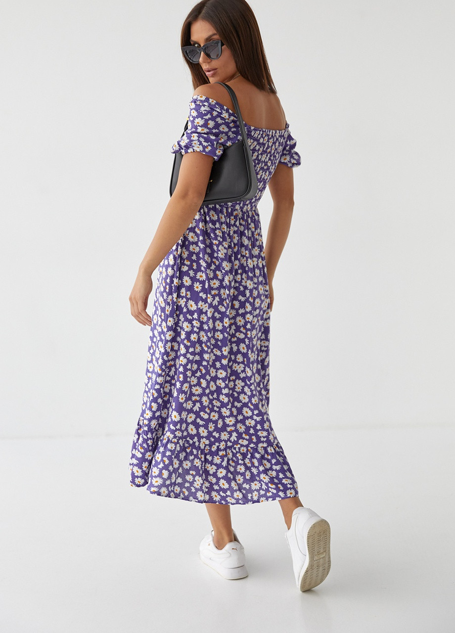 Фиолетовое кэжуал длинное платье с эластичной талией и воланом No Brand с цветочным принтом