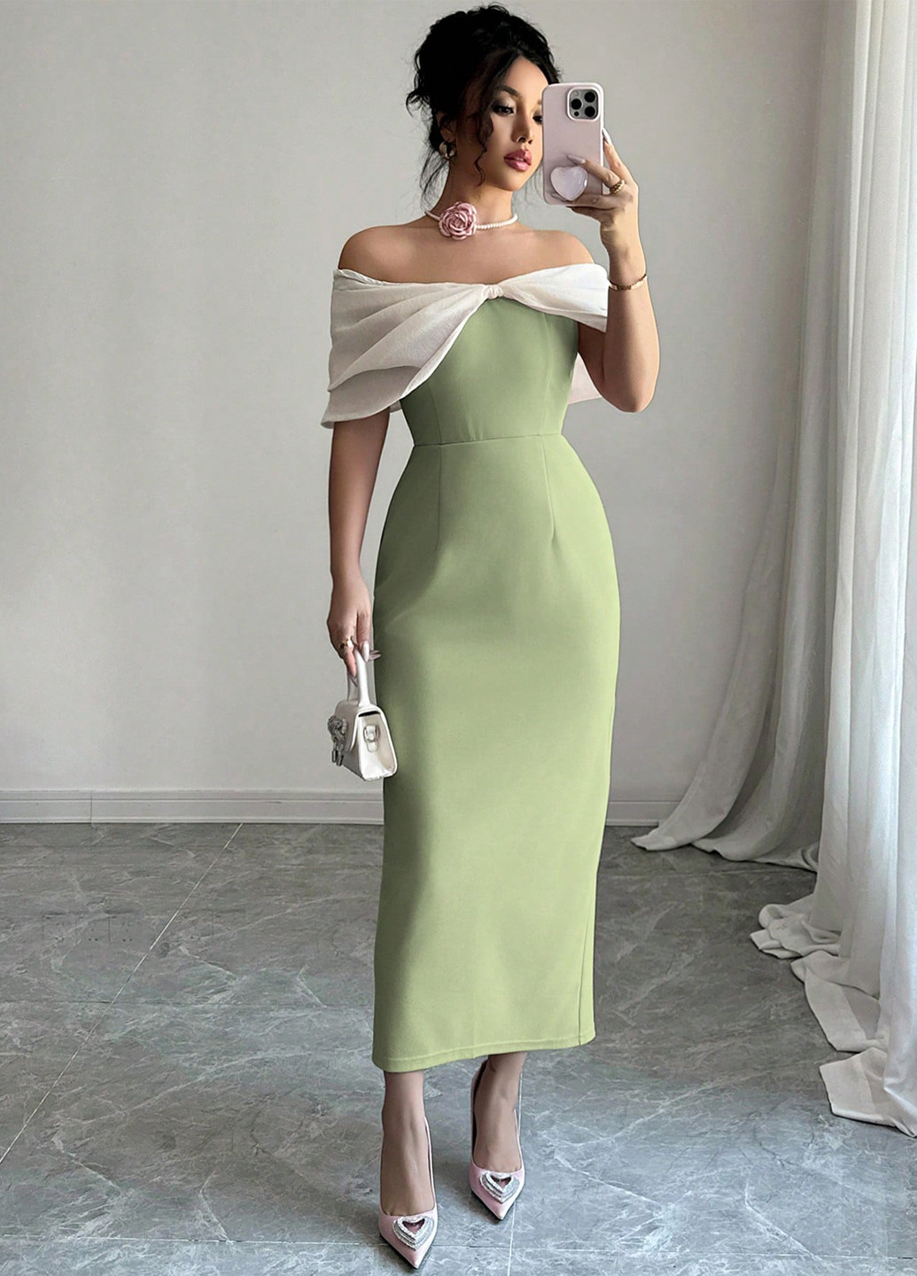 Светло-зеленое вечернее платье силуэтная, с открытыми плечами SHEIN однотонное