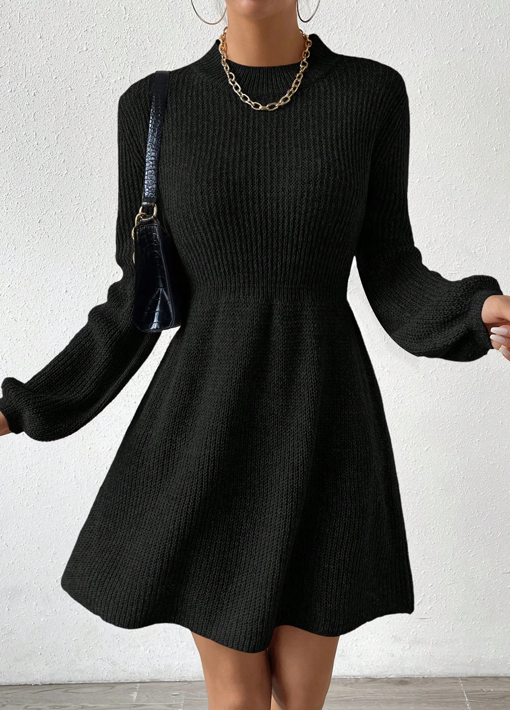 Черное кэжуал платье клеш, платье-свитер SHEIN однотонное