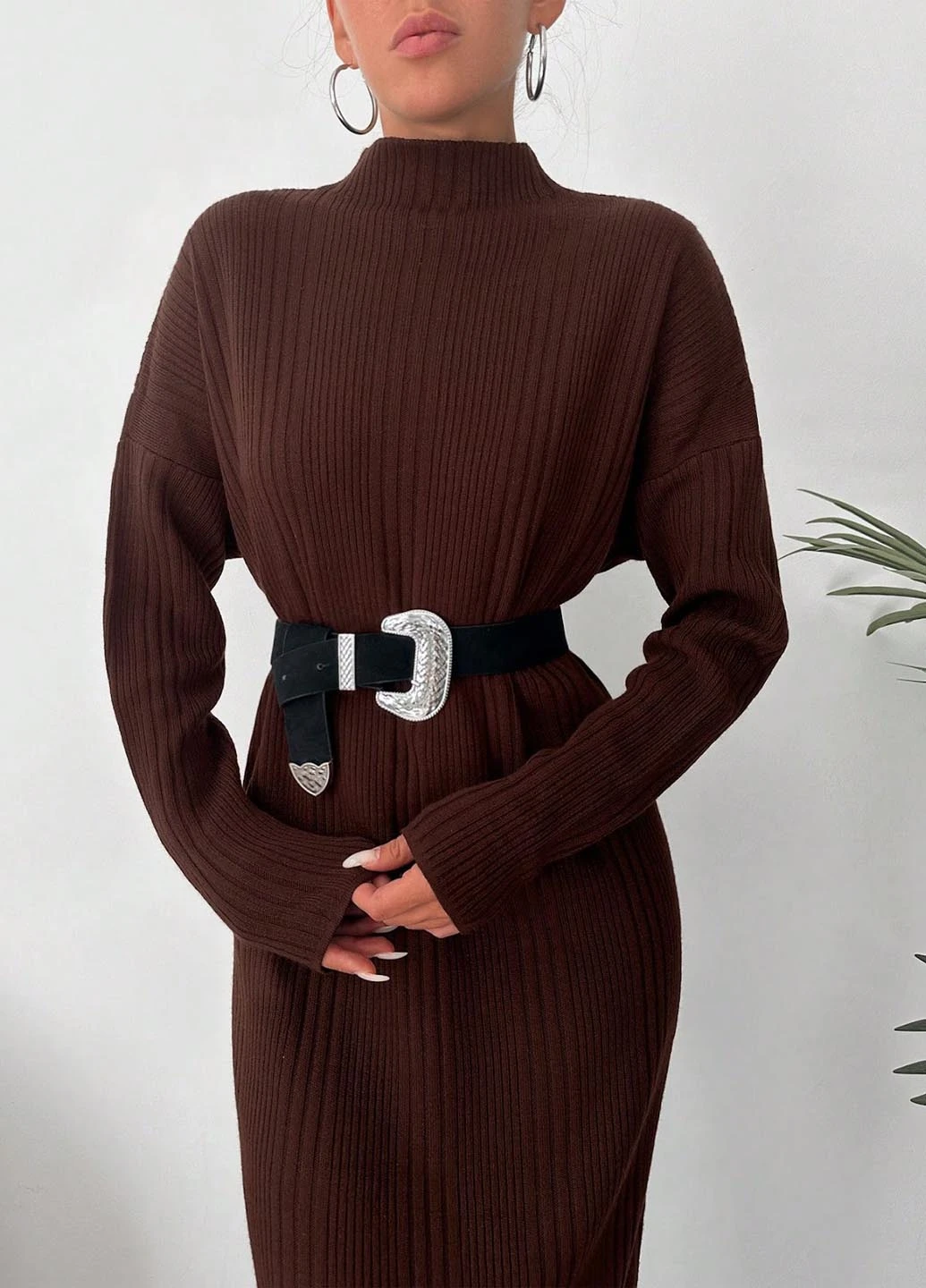 Коричневое кэжуал платье платье-свитер SHEIN однотонное