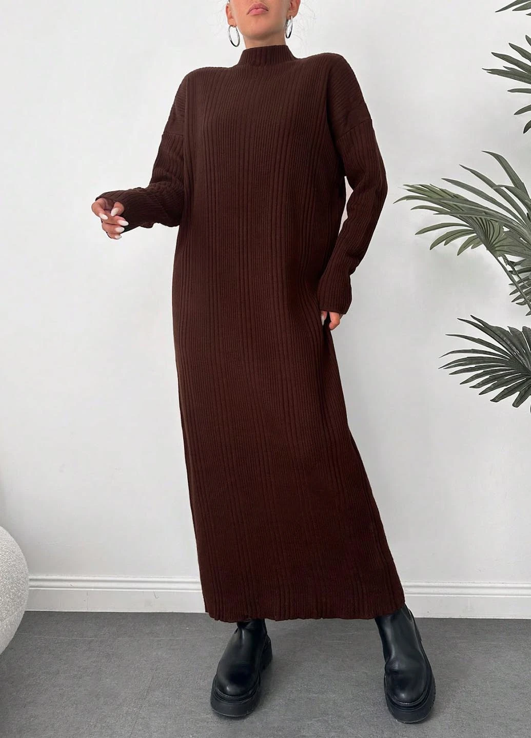 Коричневое кэжуал платье платье-свитер SHEIN однотонное