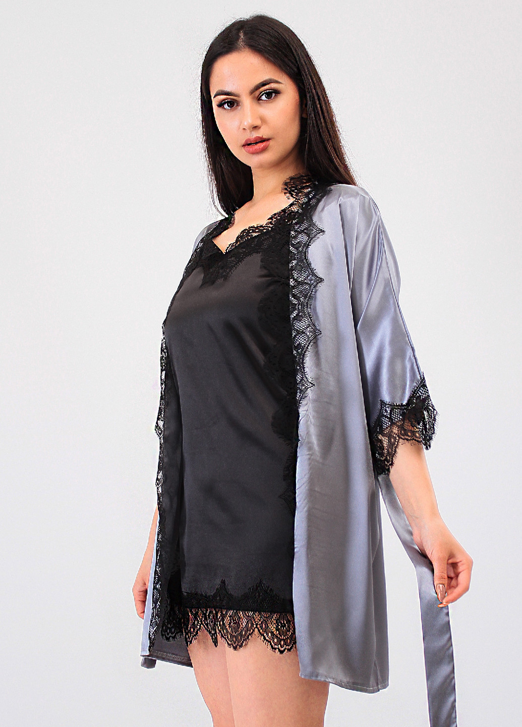 Сірий демісезонний комплект (нічна сорочка, халат) Ghazel