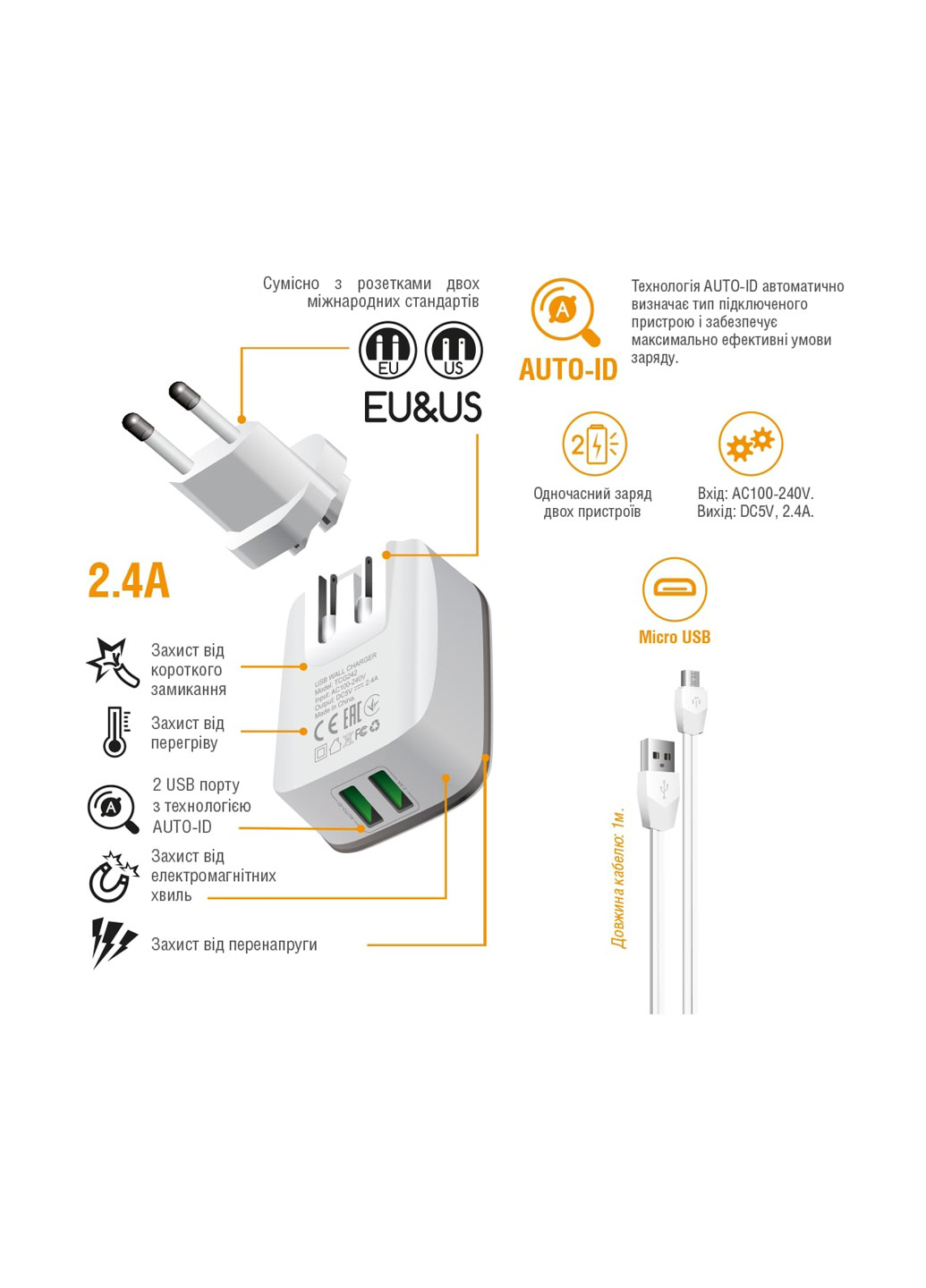 Зарядное устройство сетевое Intaleo tcg242 (2usb2,4a) с кабелем micro usb (белый) (132665956)