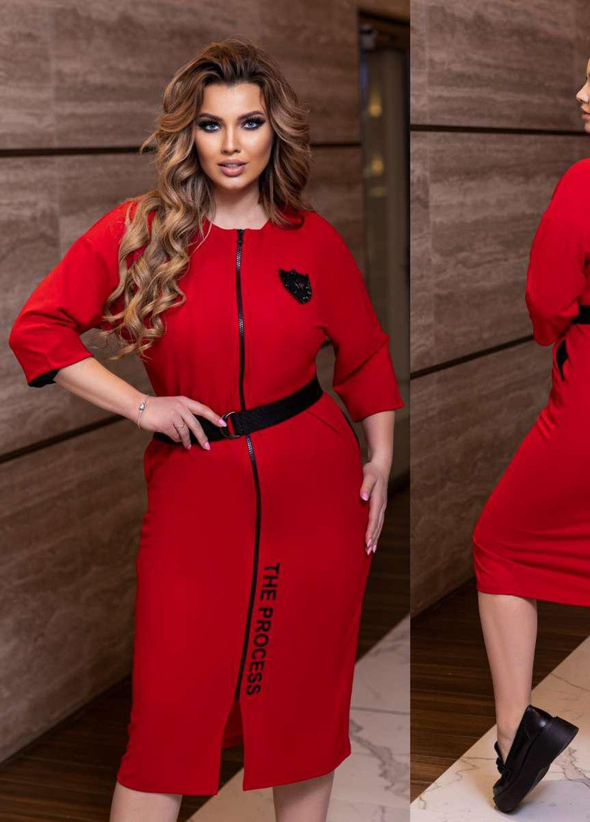 Темно-красное женское платье на молнии и под пояс размер норма красного цвета 374595 New Trend