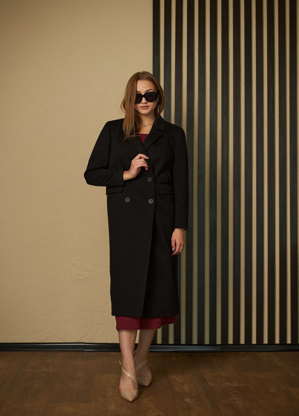 Черное демисезонное Пальто двубортное MiNiMax