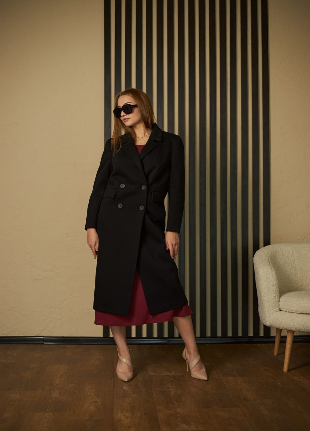 Черное демисезонное Пальто двубортное MiNiMax