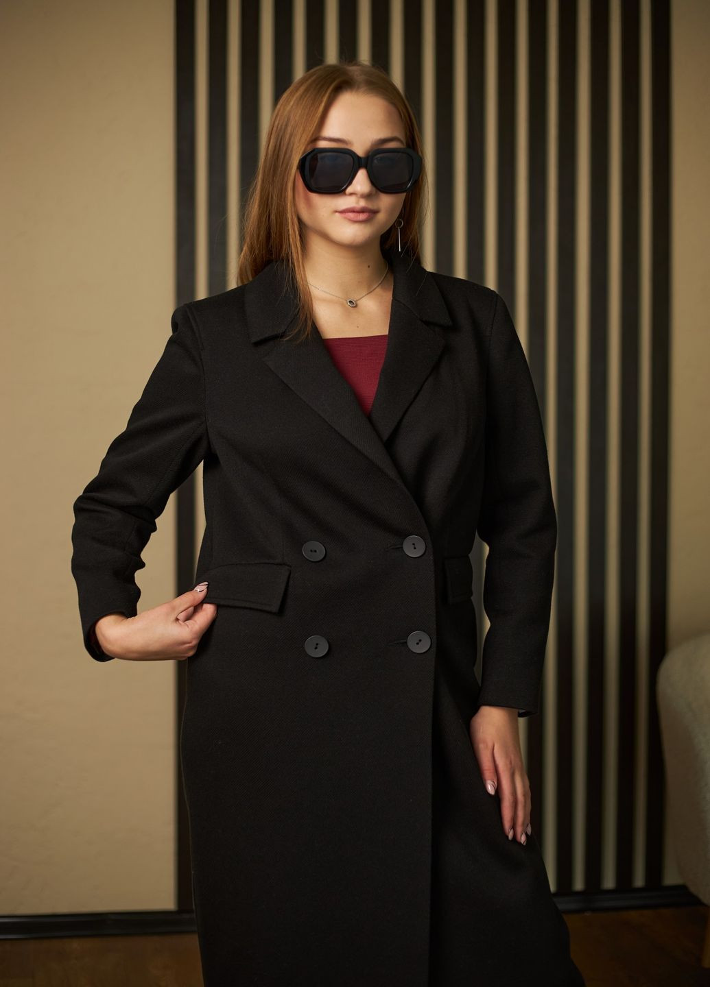 Черное демисезонное Пальто двубортное MiNiMax