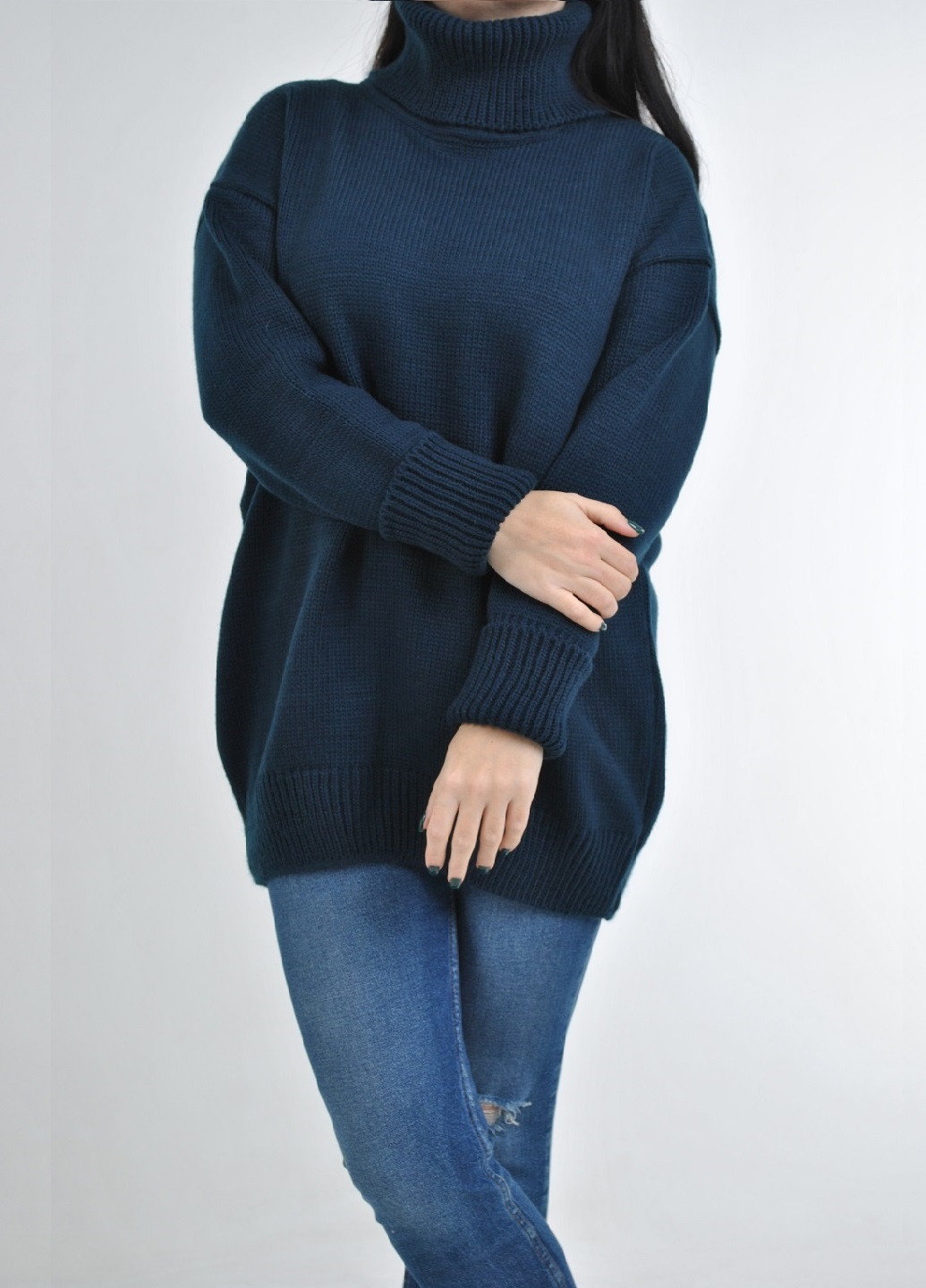 Темно-синий зимний длинный свитер Fashion Club Оверсайз