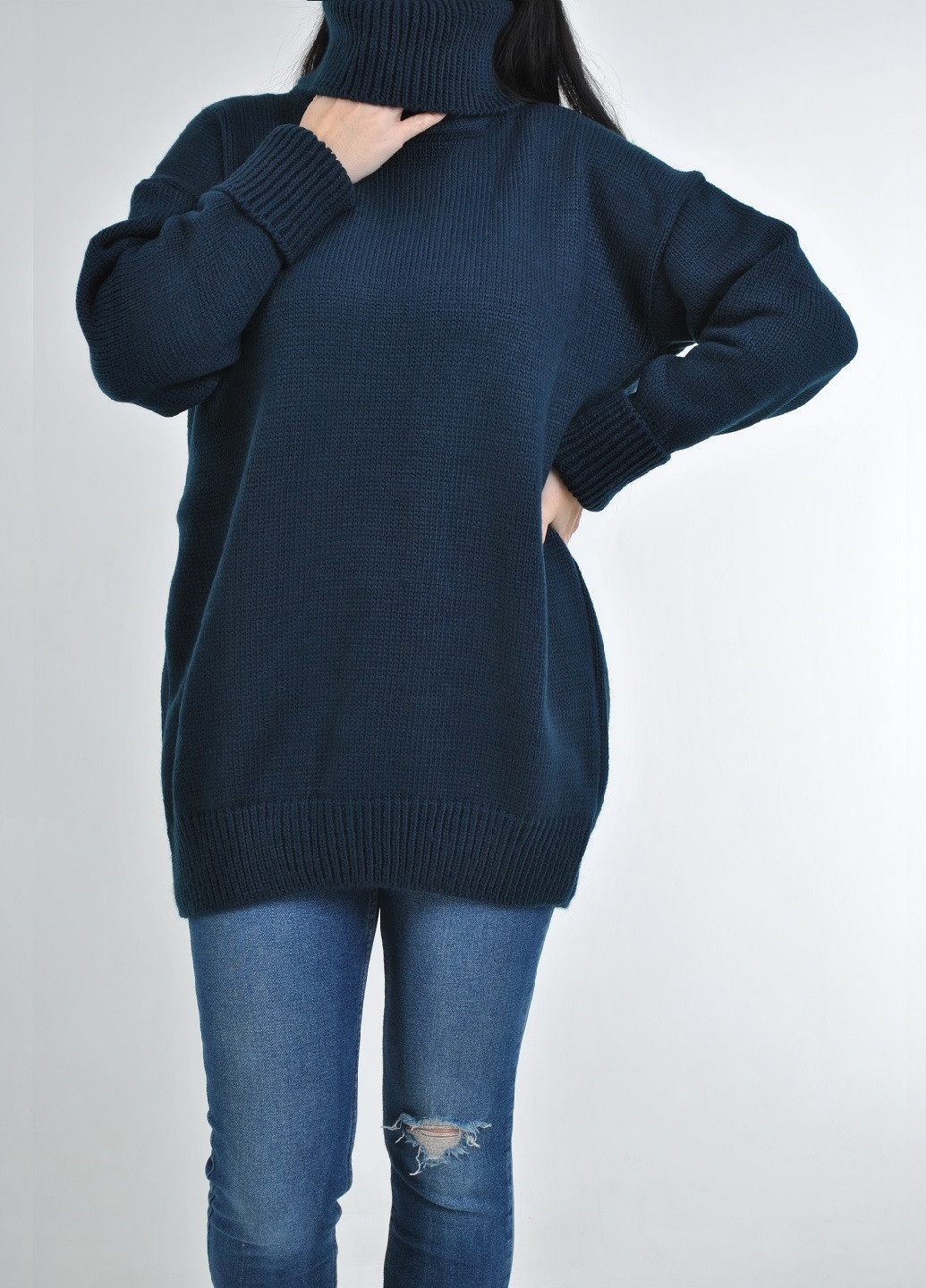 Темно-синій зимовий довгий светр Fashion Club Оверсайз