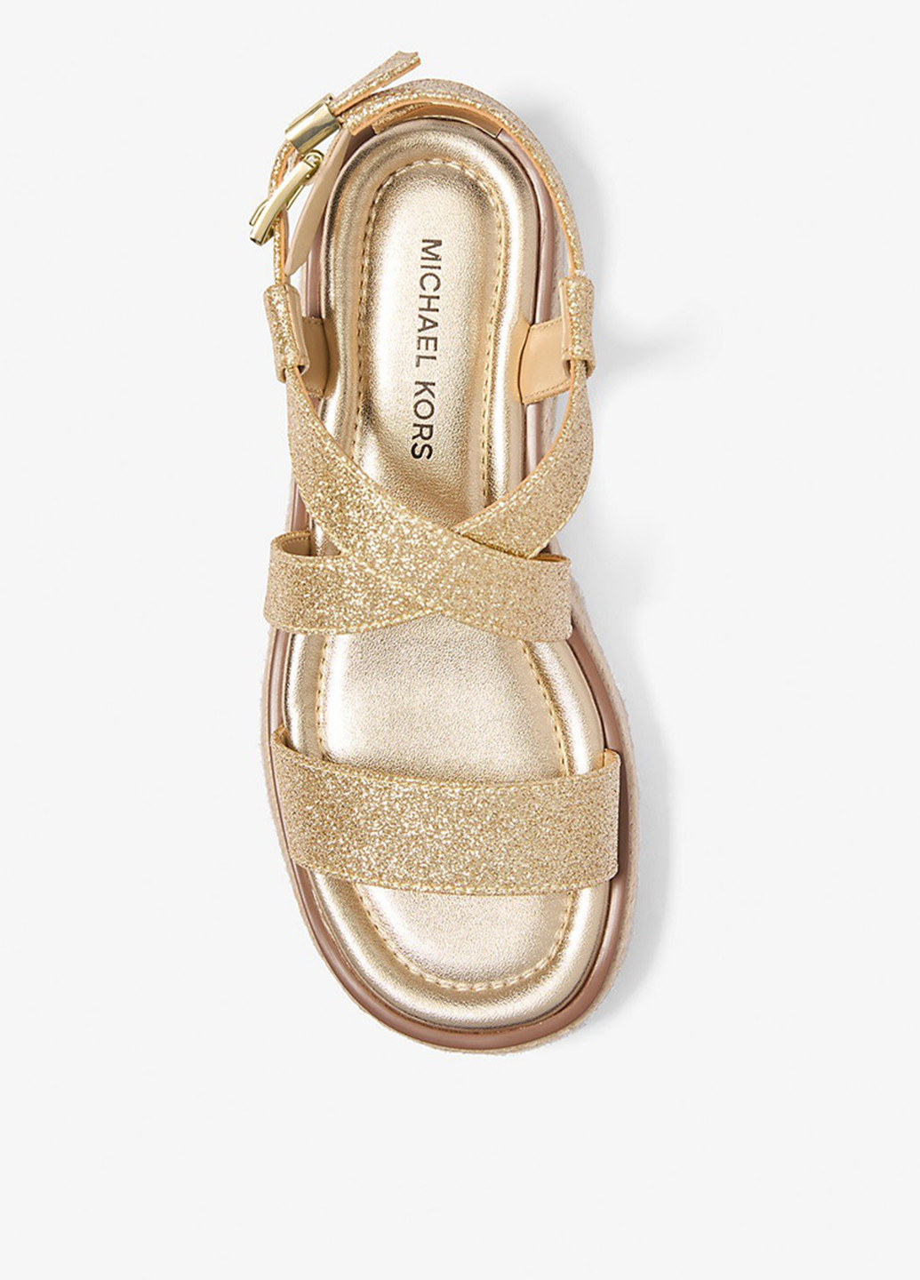 Золотистые босоножки Michael Kors с ремешком с глиттером, на плетеной подошве