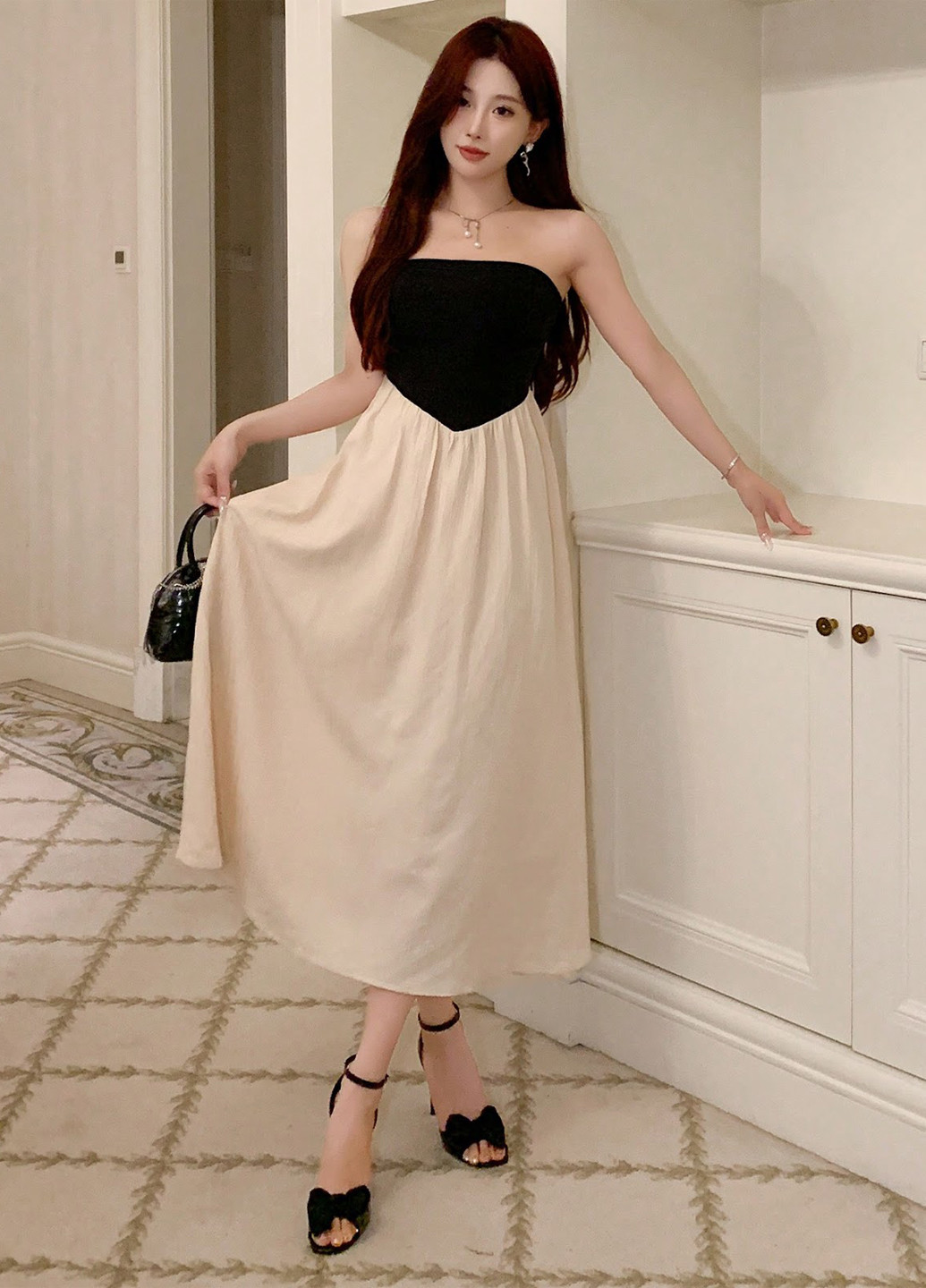 Комбінована кежуал, вечірня сукня а-силует, кльош, бандо SHEIN однотонна