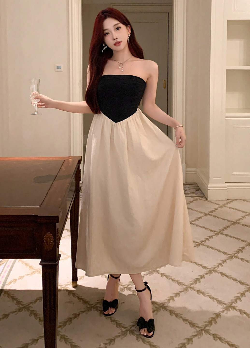 Комбінована кежуал, вечірня сукня а-силует, кльош, бандо SHEIN однотонна