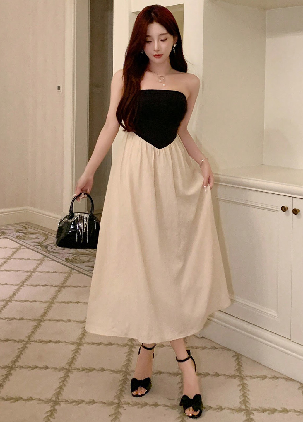 Комбінована кежуал, вечірня сукня а-силует, кльош, бандо SHEIN однотонна