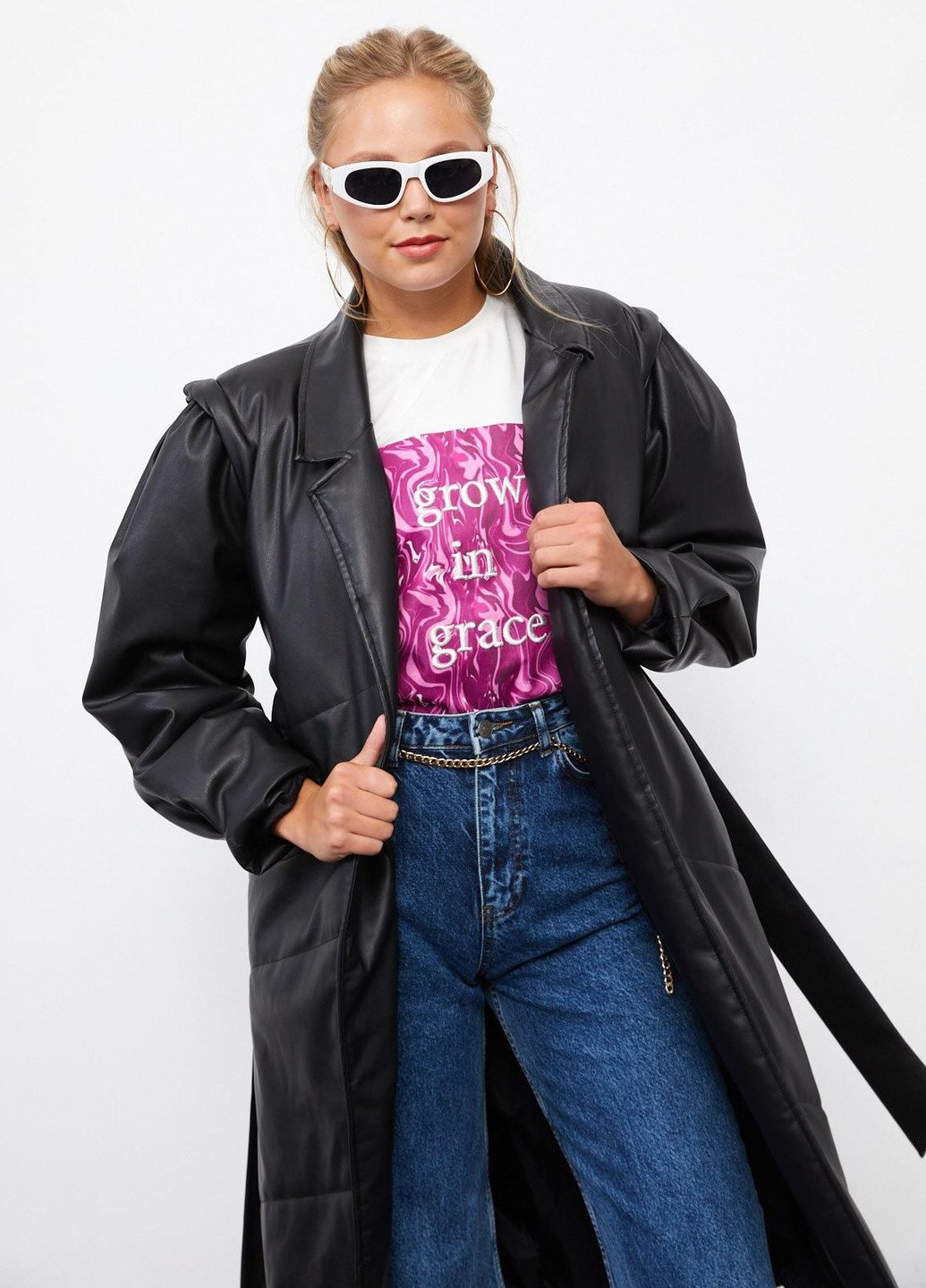 Чорне Чорне шкіряне пальто з поясом Setre