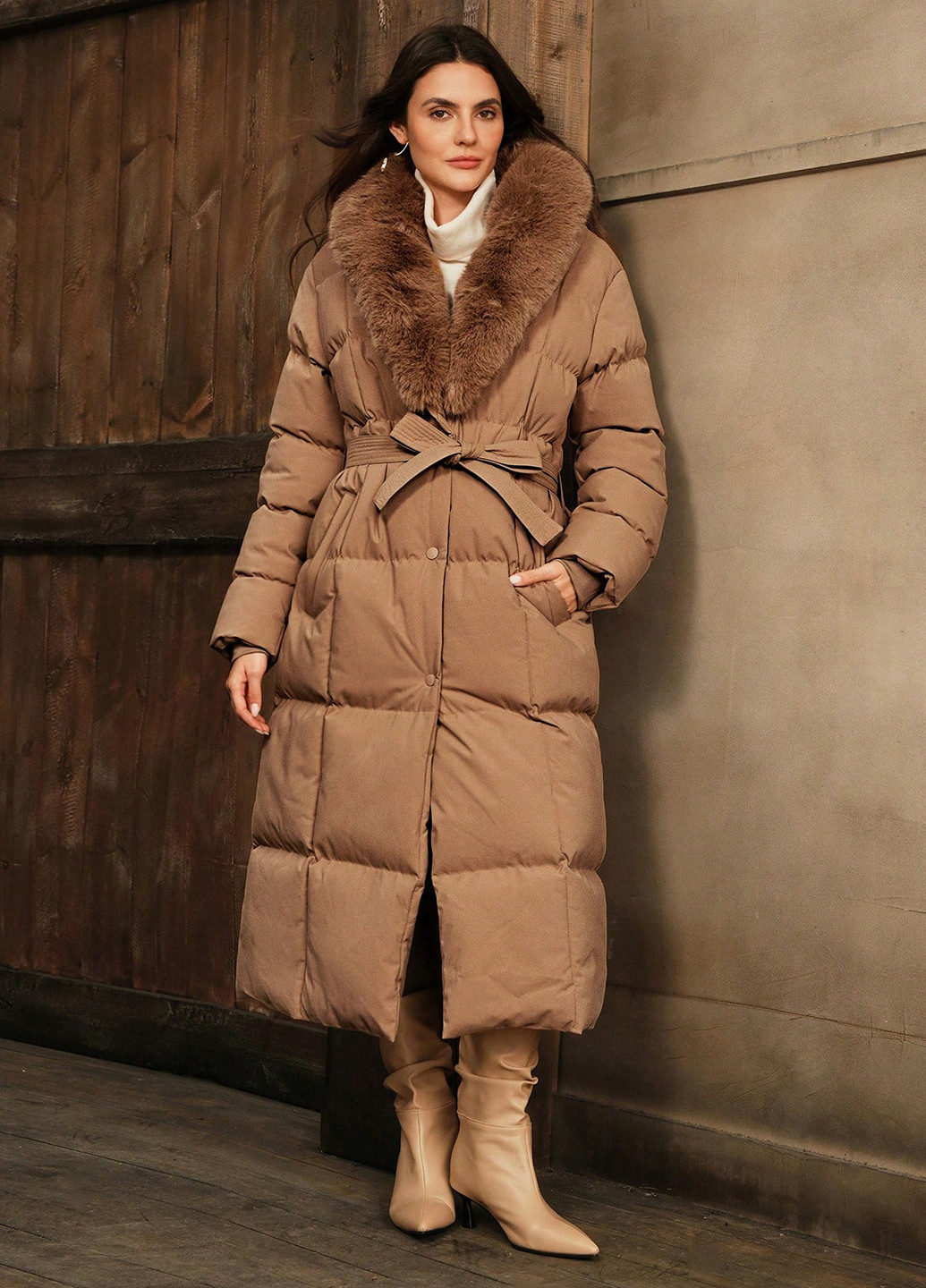 Бежевое зимнее Пальто однобортное SHEIN