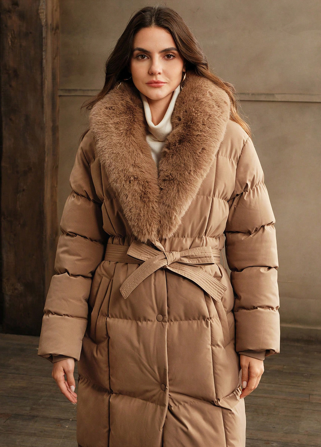 Бежевое зимнее Пальто однобортное SHEIN