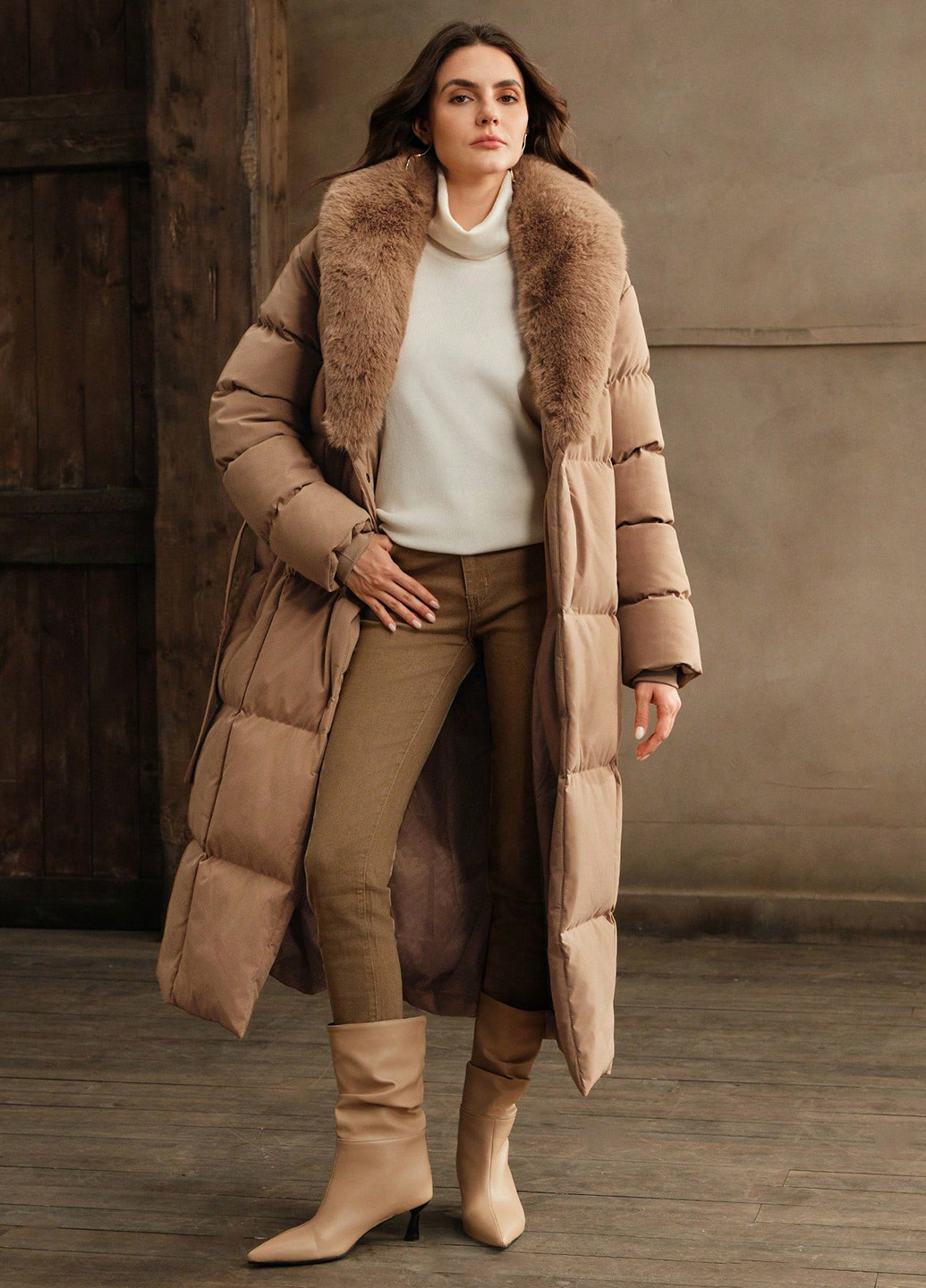 Бежевое зимнее Пальто однобортное SHEIN