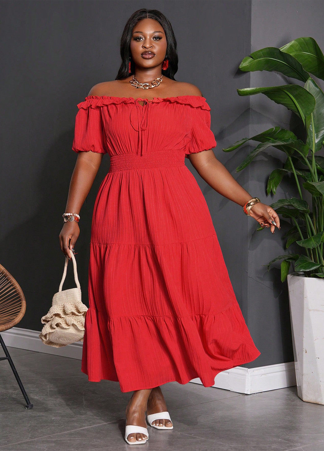 Красное кэжуал платье клеш, с открытыми плечами SHEIN однотонное