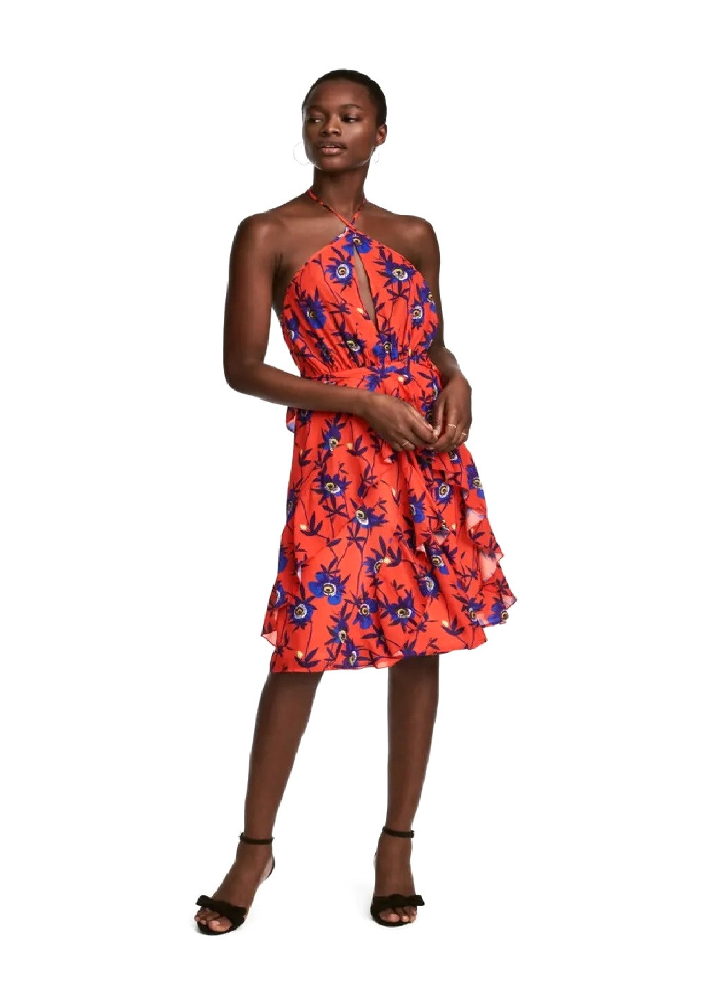 Красное кэжуал платье клеш H&M с цветочным принтом