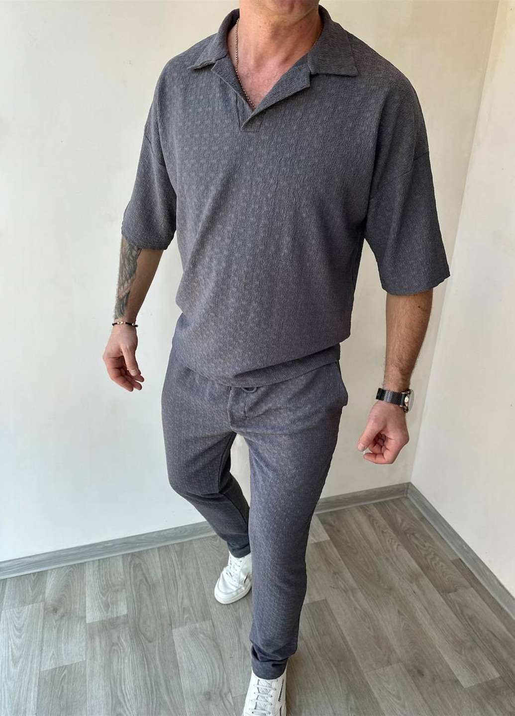 Темно-сірий літній костюм (поло, брюки) брючний Fashion