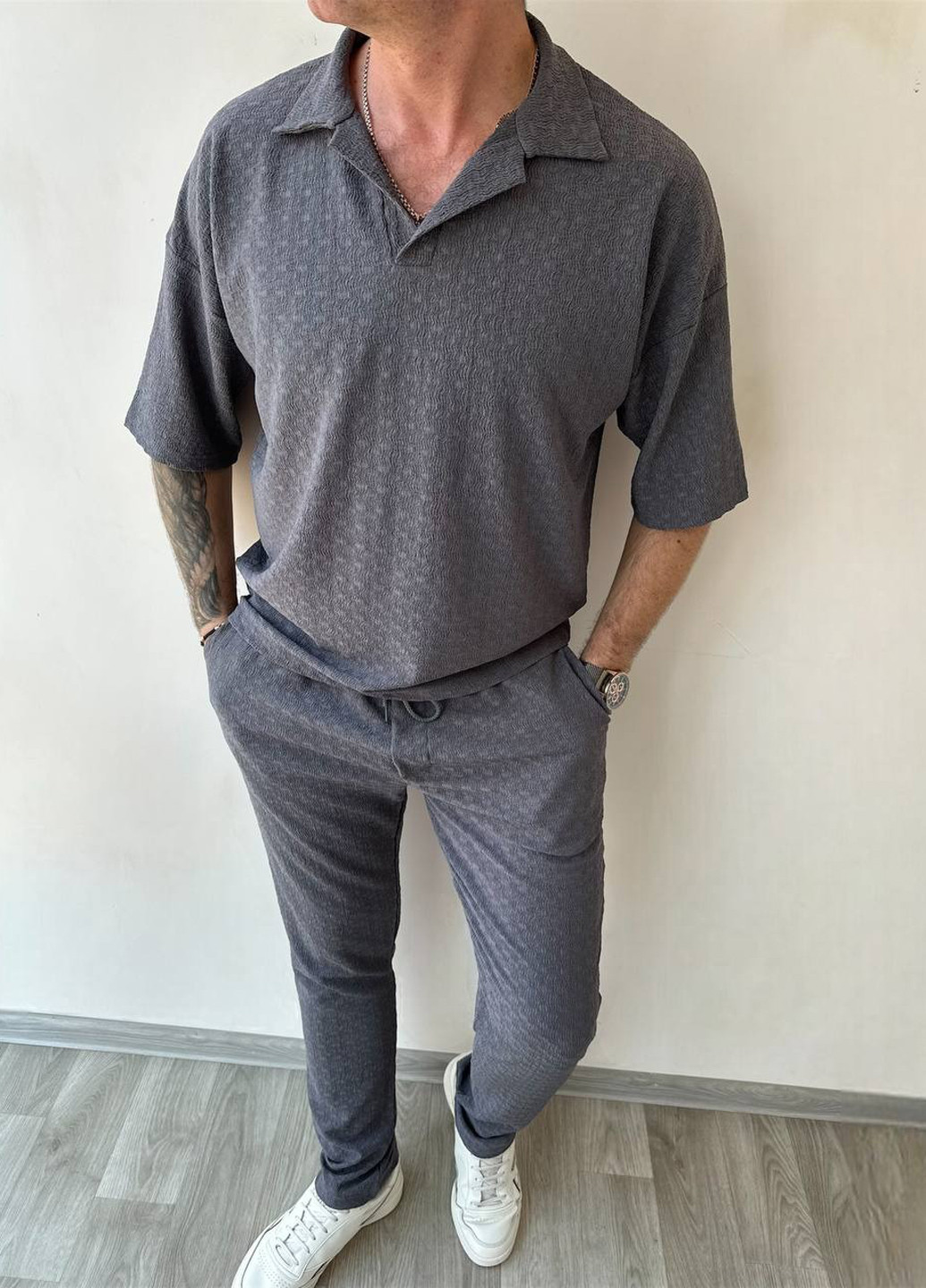 Темно-сірий літній костюм (поло, брюки) брючний Fashion