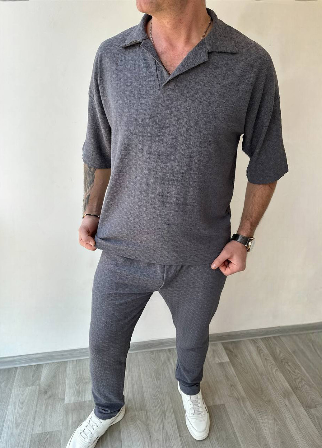 Темно-сірий літній костюм (поло, брюки) брючний Fashion