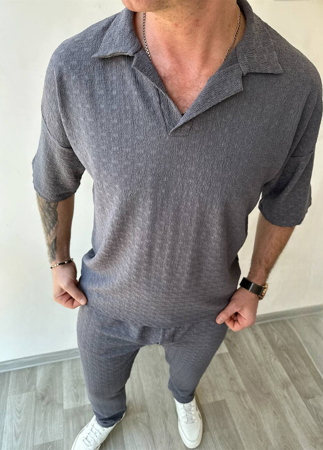 Темно-сірий літній костюм (поло, брюки) брючний Fashion