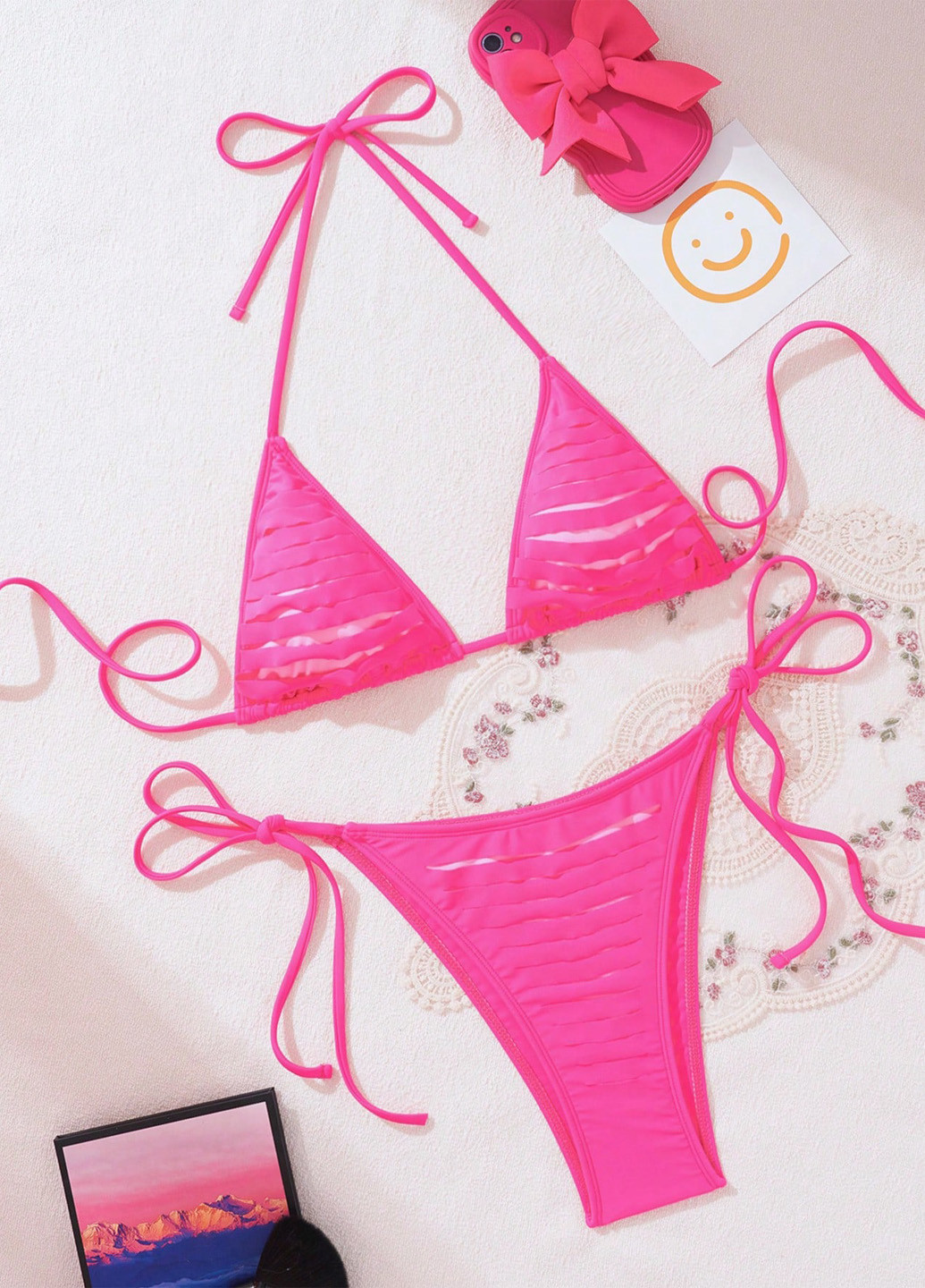 Фуксиновый летний купальник (лиф, трусики) бикини, раздельный SHEIN