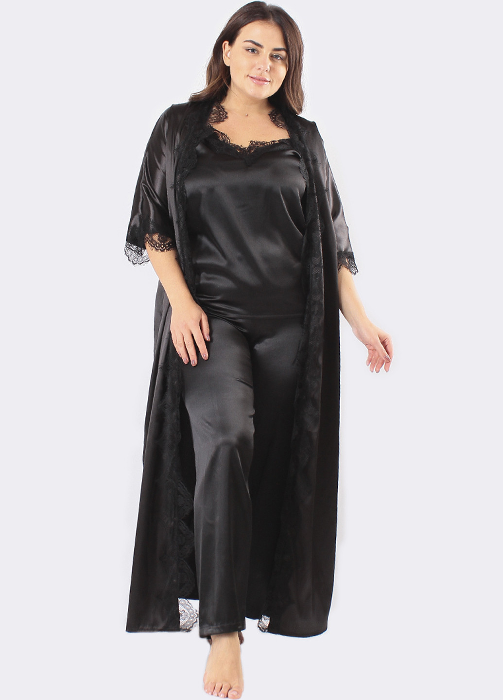 Чорний демісезонний комплект (топ, брюки, халат) Ghazel