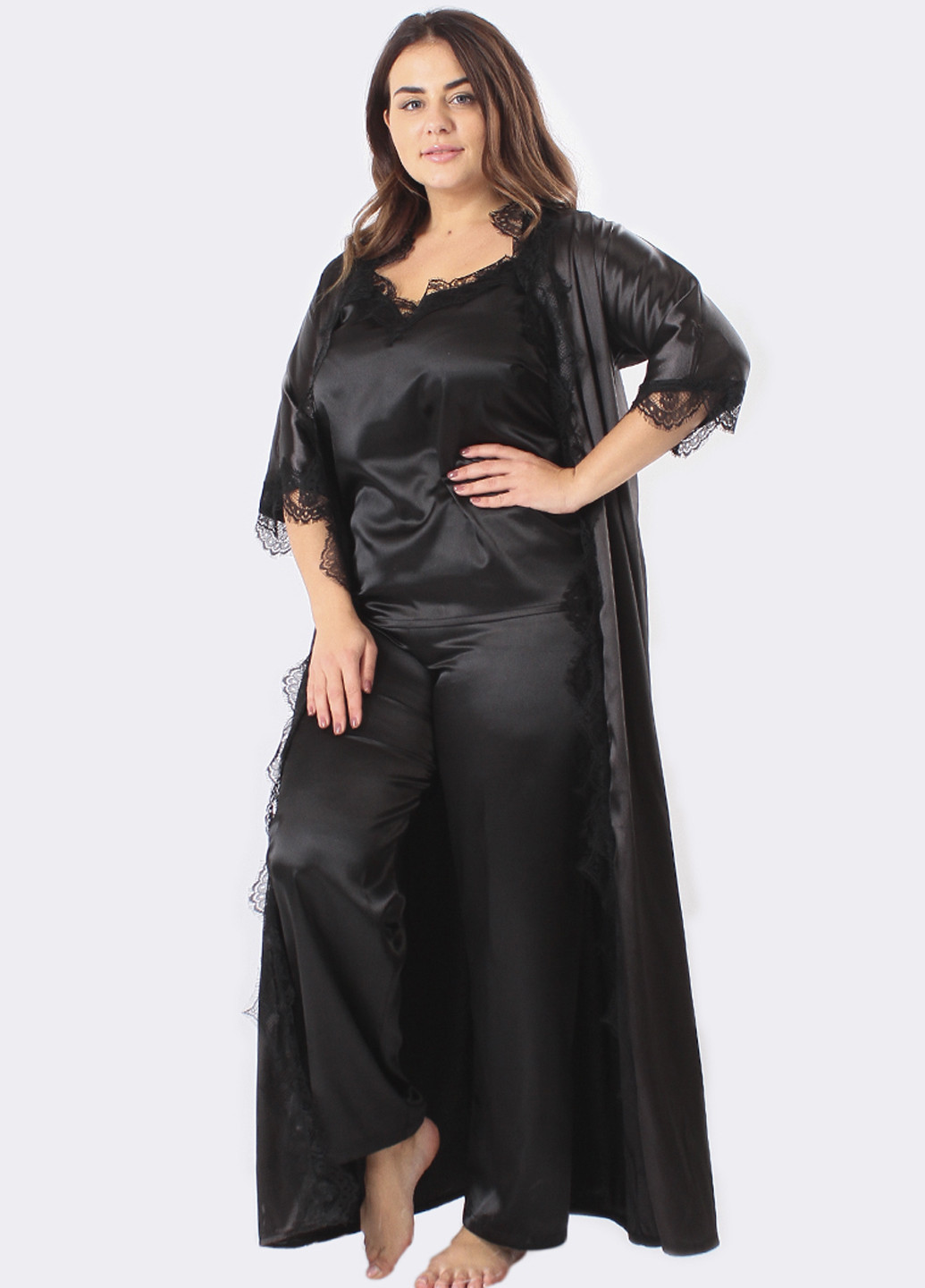 Чорний демісезонний комплект (топ, брюки, халат) Ghazel