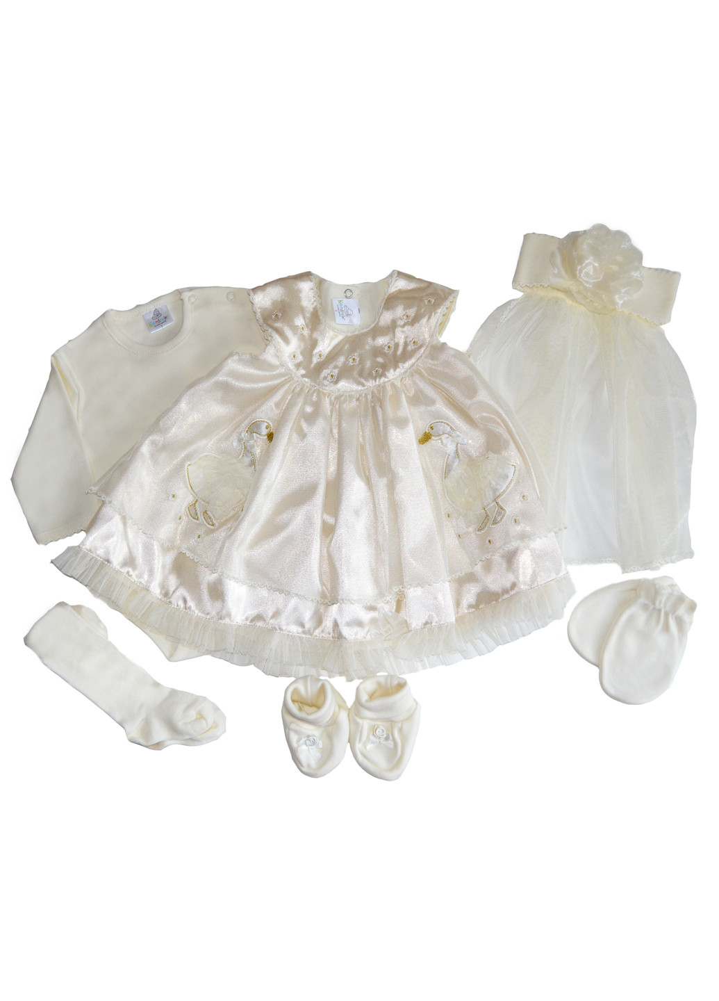 Молочный демисезонный комплект (платье, боди, колготы, царапки, пинетки, повязка-фата) Kardesler