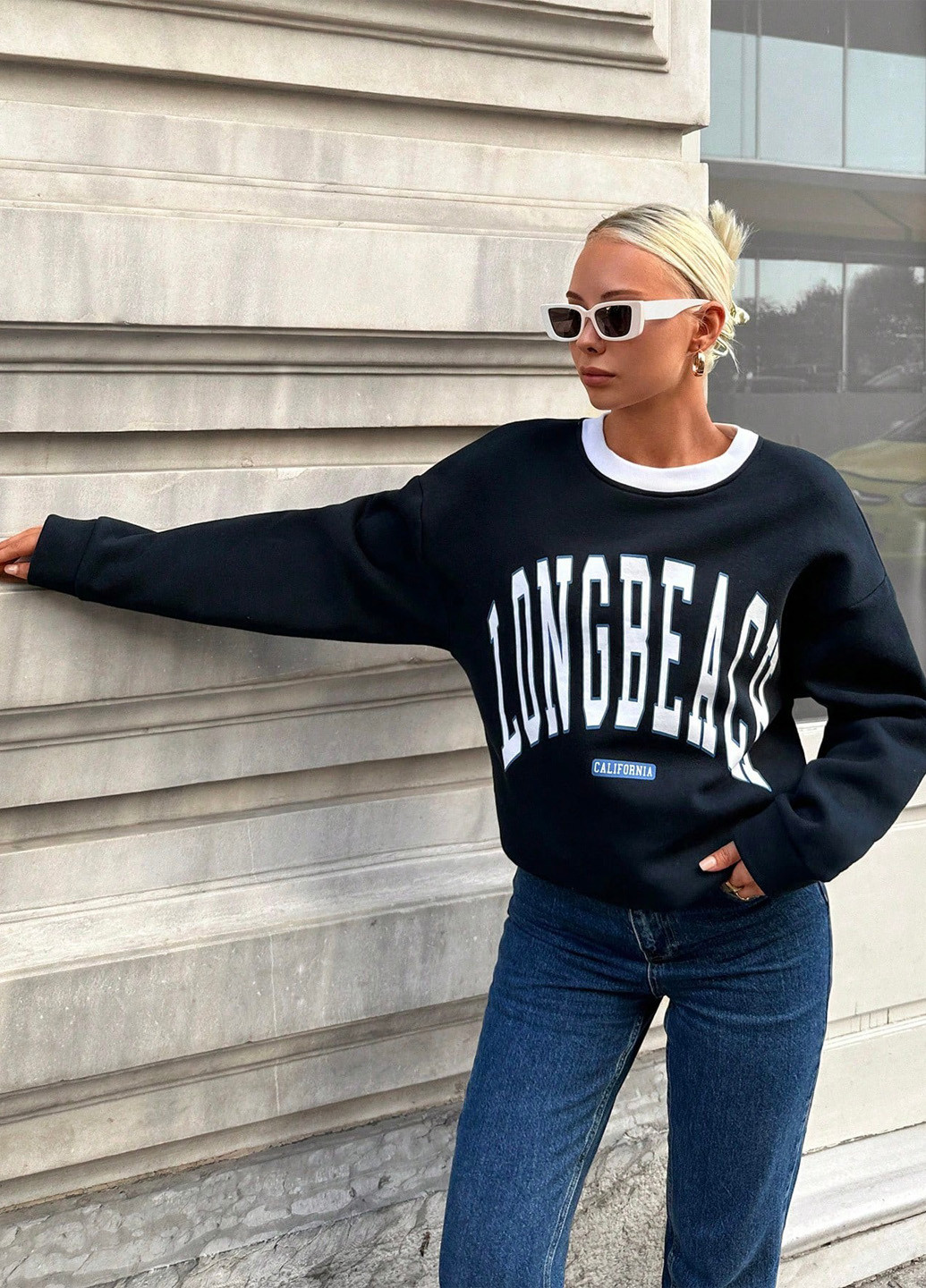 Темно-синій світшот Quzen напис без декору (335611274)