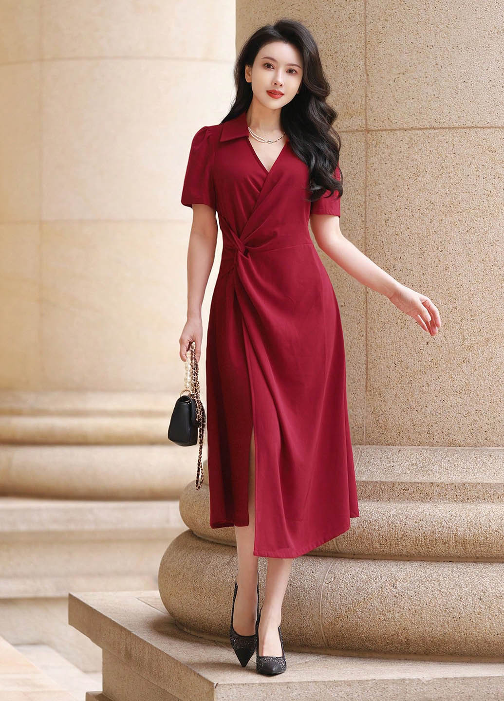 Вишневое вечернее, кэжуал платье на запах SHEIN однотонное