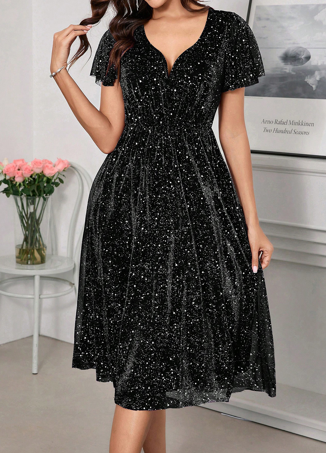 Черное вечернее платье в стиле ампир SHEIN однотонное