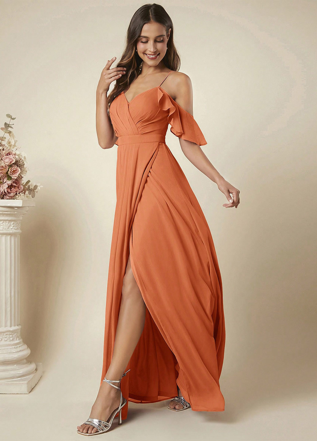 Помаранчева вечірня сукня з відкритими плечима, а-силует SHEIN однотонна