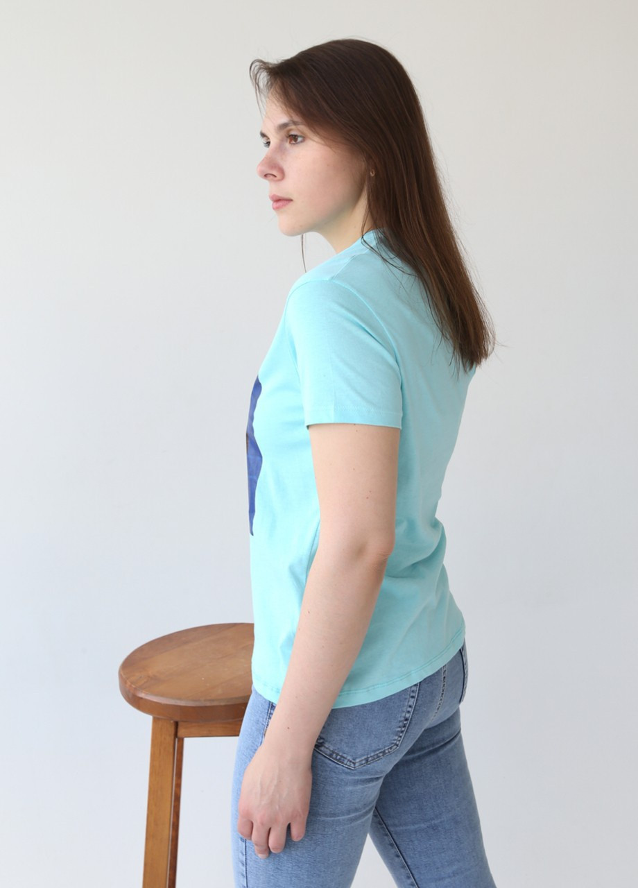 Бирюзовая всесезон футболка женская бирюзовая прямая тонкая с принтом Mixray Прямая