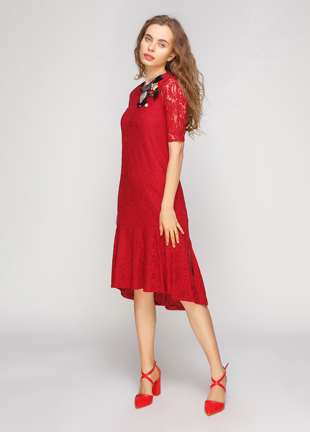 Бордовое кэжуал платье клеш Sassofono Club с цветочным принтом